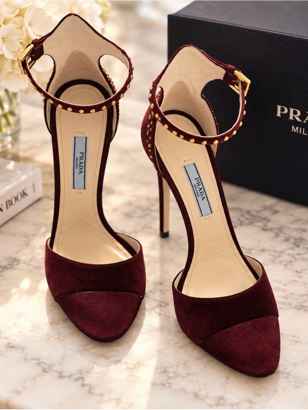 NEW Prada Burgundy Suede Gold Studded Ankle Strap Heels Pumps